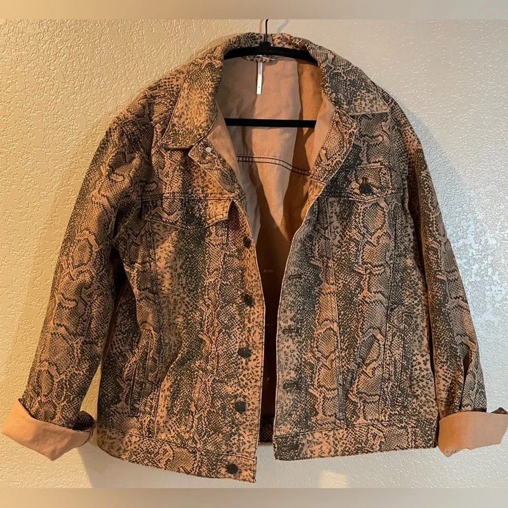 Free People Black and Tan Snakeskin Patterned Denim Jacket - Picture 1 of 6